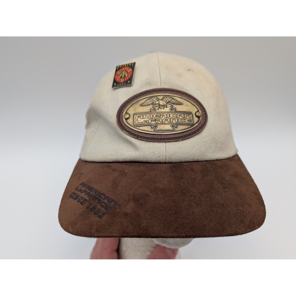 American LaFrance Fire Engine Hat Tan Brown Faux Suede Brass Logo Plate Vintage
